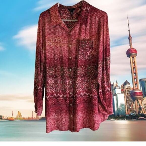 Intro. XL long sleeve pink button down front w/breast pocket rayon woman's top - Picture 1 of 1